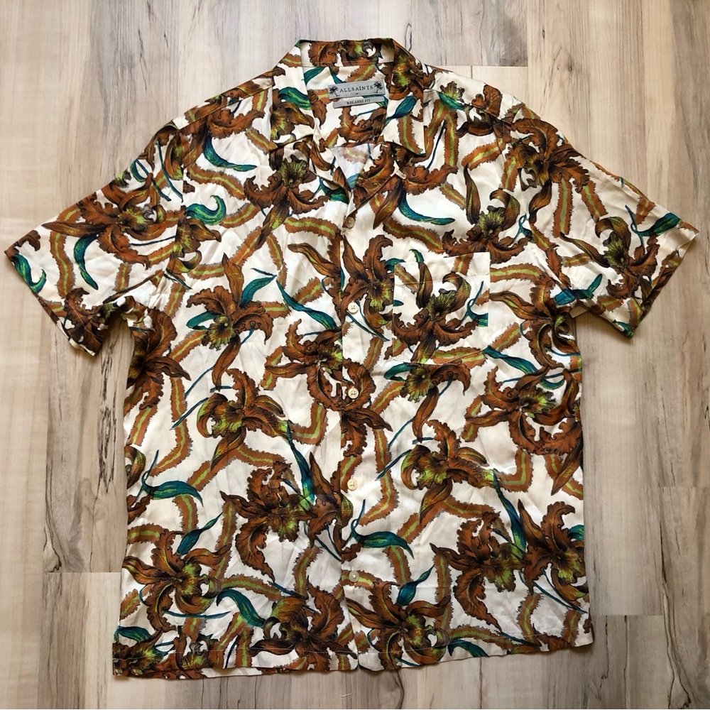All Saints Men’s Relaxed Fit Short-Sleeve Floral Shirt White Brown Green Teal
